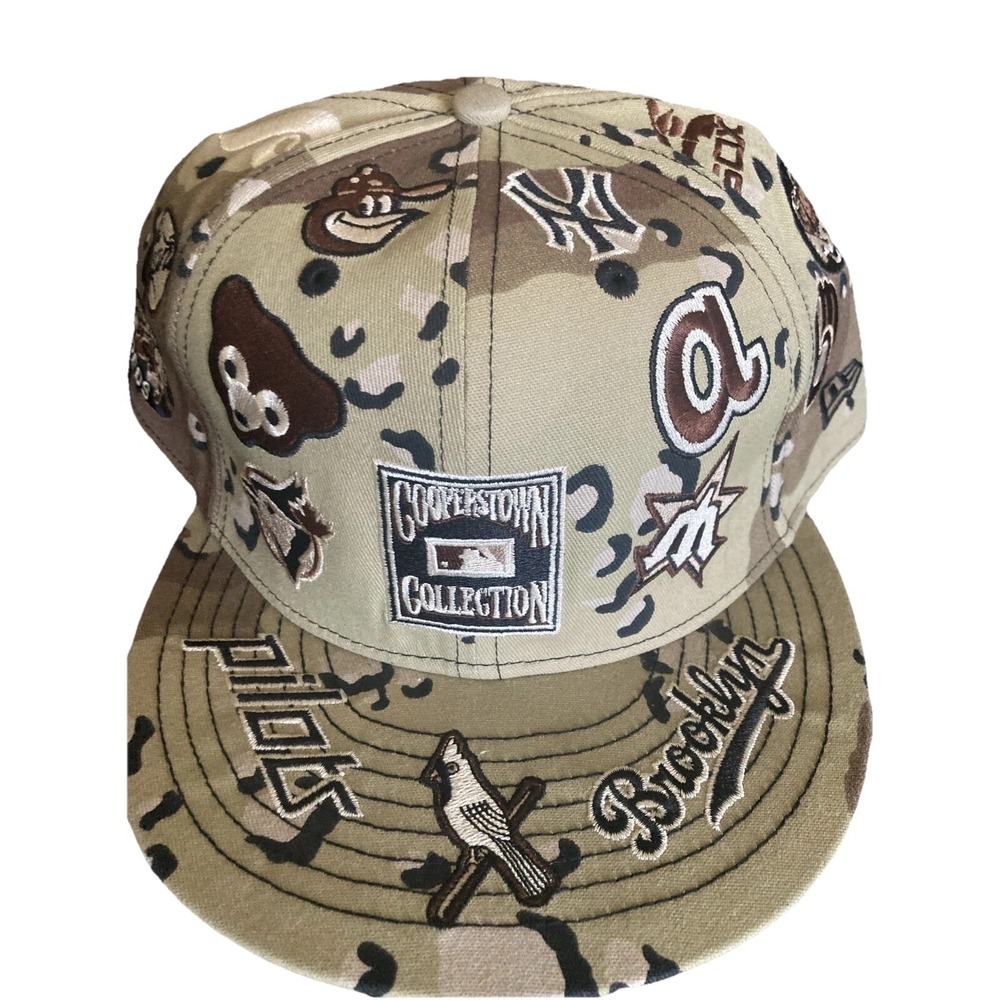 Cooperstown Collection Tan Camouflage Hat Old Team Logos Size 8 New Era 59Fifty